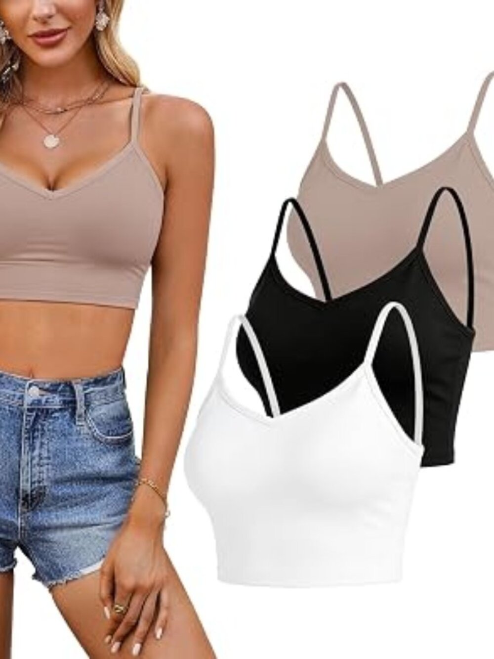 3 pack Women's Knit Slim Crop Cami, Basic Thin Spaghetti Straps Tank Tops